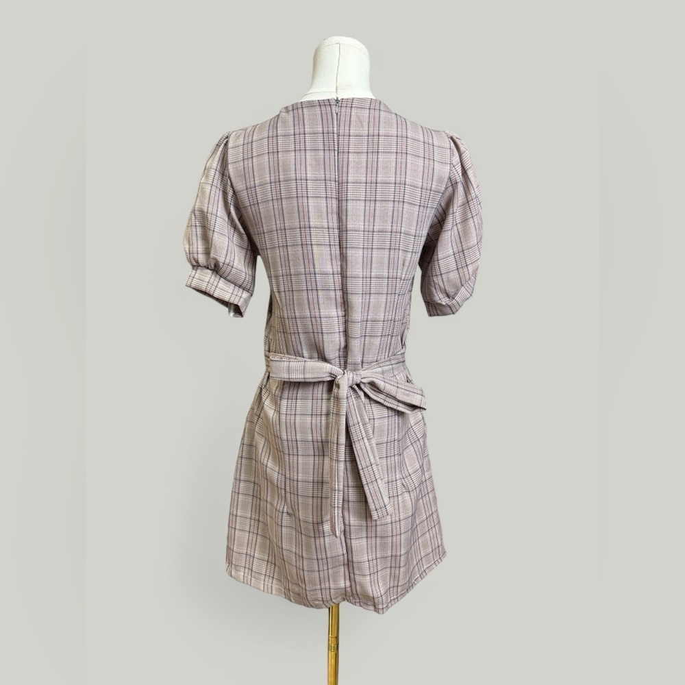 Plaid Dress Women Size Medium Brown Midi Sweetheart Neckline Puff Short Sleeves - Picture 4 of 11